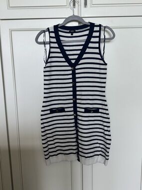 Express Navy and White Striped Sleeveless Midi Button-Front Dress